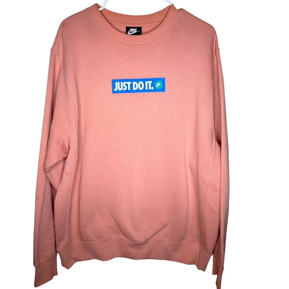 Nike Just Do It Box Logo Fleece Crewneck Sweatshirt Peach Coral Mens Large